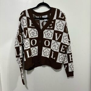Brown Patterned Love Cardigan Sweater